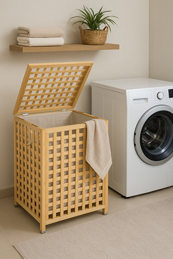 Bambu Kapaklı 80 Lt Çamaşır Sepeti – Çıkarılabilir İç Torbalı, Büyük Hacim, Şık Banyo Düzenleyici