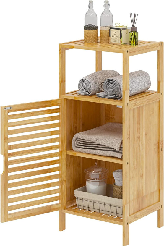 Doğal Bambu 4 Raflı Banyo ve Çamaşır Dolabı – Tek Kapaklı Panjur Tasarım Saklama Dolabı