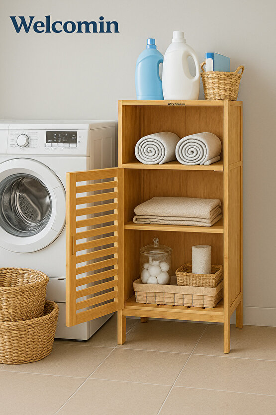 Doğal Bambu 4 Raflı Banyo ve Çamaşır Dolabı – Tek Kapaklı Panjur Tasarım Saklama Dolabı