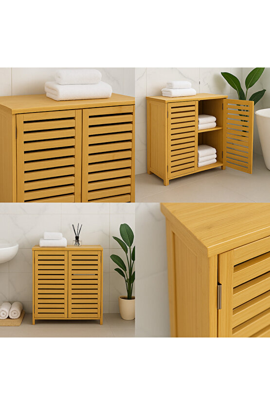 Doğal Bambu Balkon Banyo ve Çamaşır Dolabı – 2 Kapaklı Panjur Tasarım Saklama Dolabı