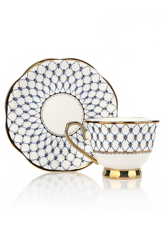 2 Kişilik 4 Parça Porselen Kahve Fincan Seti |Altın Yaldızlı, Şık Desenli, Fincan & Tabak Takımı