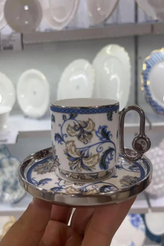 6 Kişilik Porselen Lüx Gümüş Detaylı Vintage Kahve Fincan Takımı
