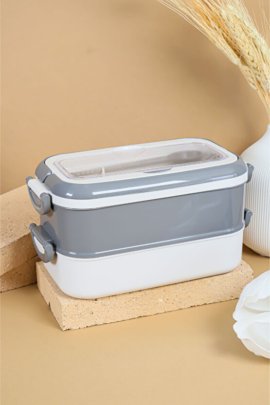 2 Katlı Sızdırmaz Taşıma Saplı Saklama Beslenme Kabı - Mikrodalgaya Uygun Öğle Yemeği Kabı