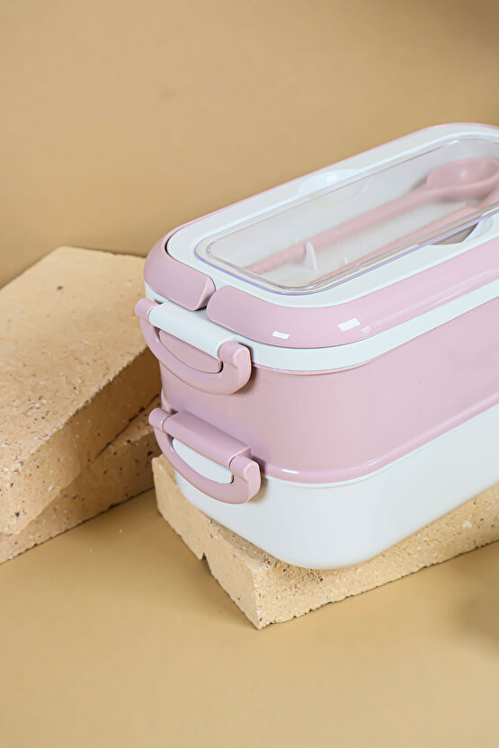 2 Katlı Sızdırmaz Taşıma Saplı Saklama Beslenme Kabı - Mikrodalgaya Uygun Öğle Yemeği Kabı