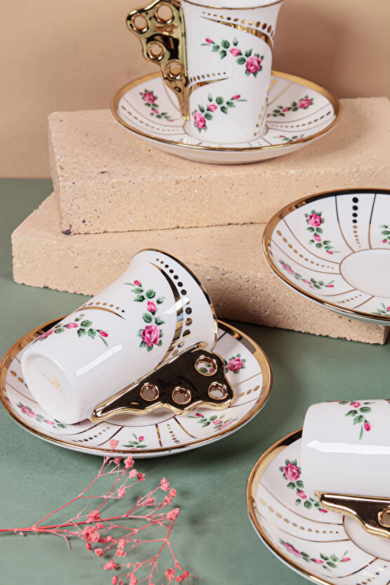 Gold Kulplu 6 Kişilik 12 Parça Porselen Kahve Fincan Takımı – Çiçek Desenli, Lüks Zarif Tasarım