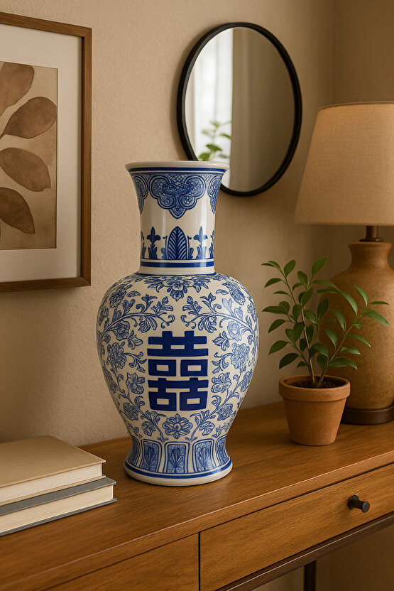 Çin Desenli Porselen Vazo – Mavi Beyaz Dekoratif Obje 30 cm