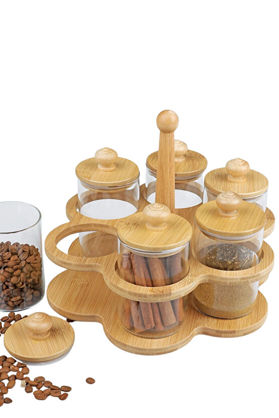 Bambulu 6’lı Cam Baharatlık Seti – Kapaklı & Standlı Döner Düzenleyici