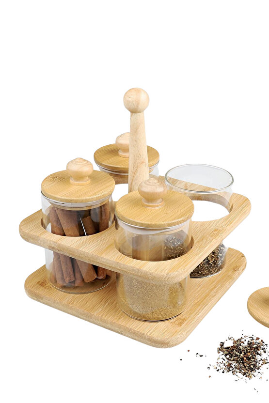 Bambulu 4’lü Cam Baharatlık Seti – Kapaklı & Standlı Döner Tasarım Düzenleyici