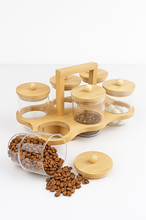 Bambulu 6’lı Cam Baharatlık Seti – Kapaklı & Kulplu Standlı Şık Tasarım