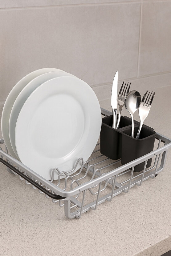 Bulaşıklık Kurutmalık – Kompakt Tasarım, Çatal-Bıçak Bölmeli, Dayanıklı Metal Gövde, 37.5x28x12 cm