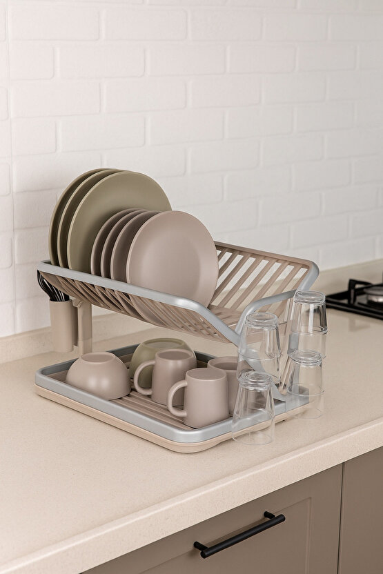 Metal Bulaşıklık Kurutmalık Su Tahliye Tepsili Çatal-Bıçak Bölmeli Tabak Bardak Organizeri
