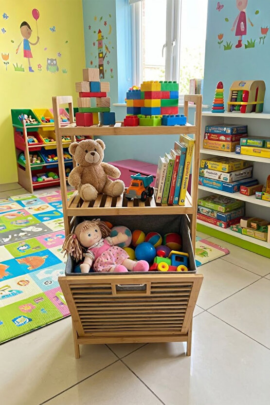 Bambu Dikey Çamaşır Sepeti Raflı Çamaşır Sepeti 40x30x95 Cm