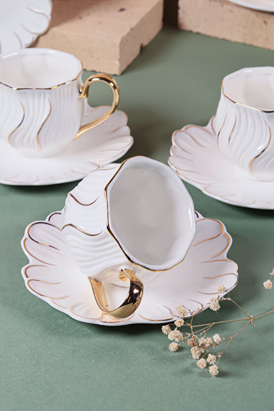 6 Kişilik Altın Yaldızlı Kahve Fincan Takımı – Özel Tasarım Porselen Beyaz 90 ml