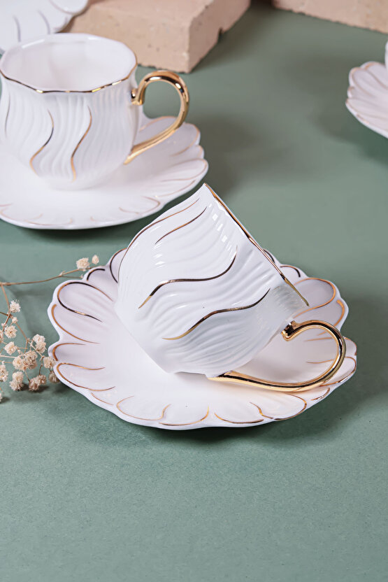 6 Kişilik Altın Yaldızlı Kahve Fincan Takımı – Özel Tasarım Porselen Beyaz 90 ml