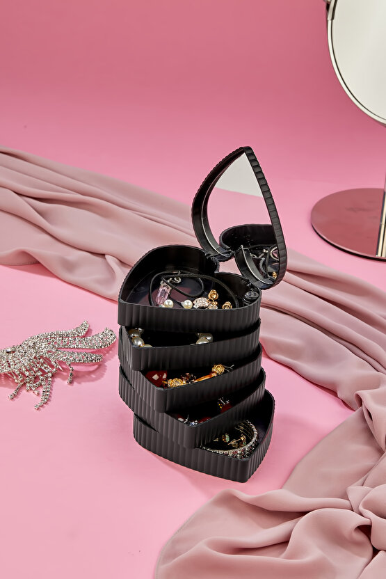 Çizgili Desenli Kalpli Mina 5 Katlı Aynalı Takı Organizeri Siyah Renk - Aynalı Takı Organizeri