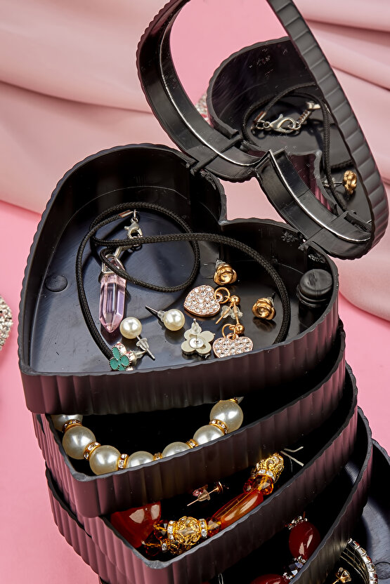 Çizgili Desenli Kalpli Mina 5 Katlı Aynalı Takı Organizeri Siyah Renk - Aynalı Takı Organizeri