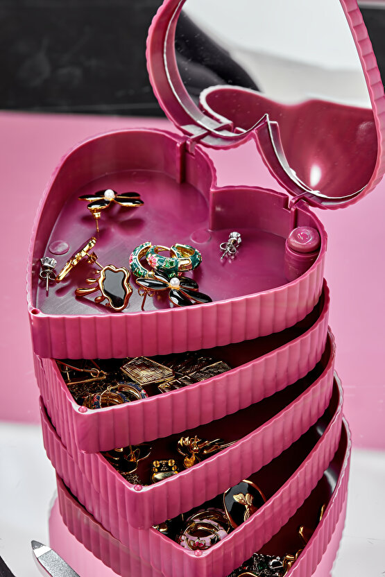 5 Katlı Aynalı Kalp 360 Derece Dönebilen Takı Organizer Kutusu