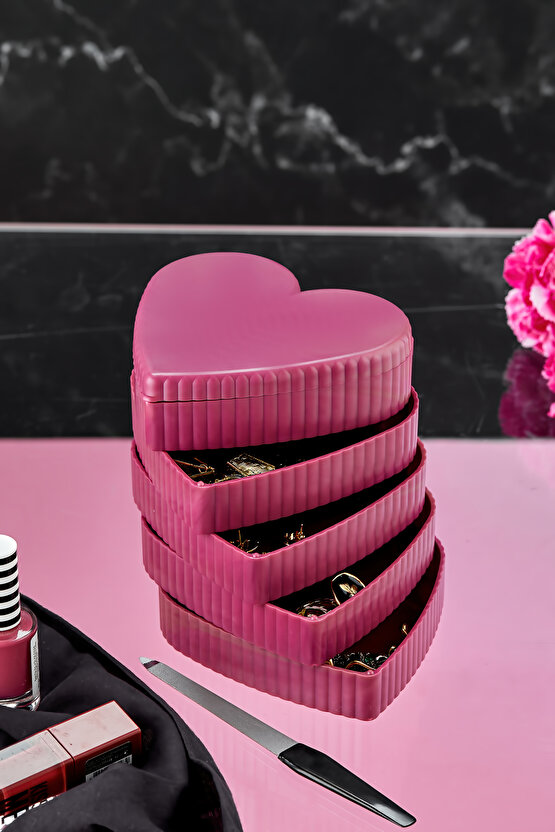 5 Katlı Aynalı Kalp 360 Derece Dönebilen Takı Organizer Kutusu