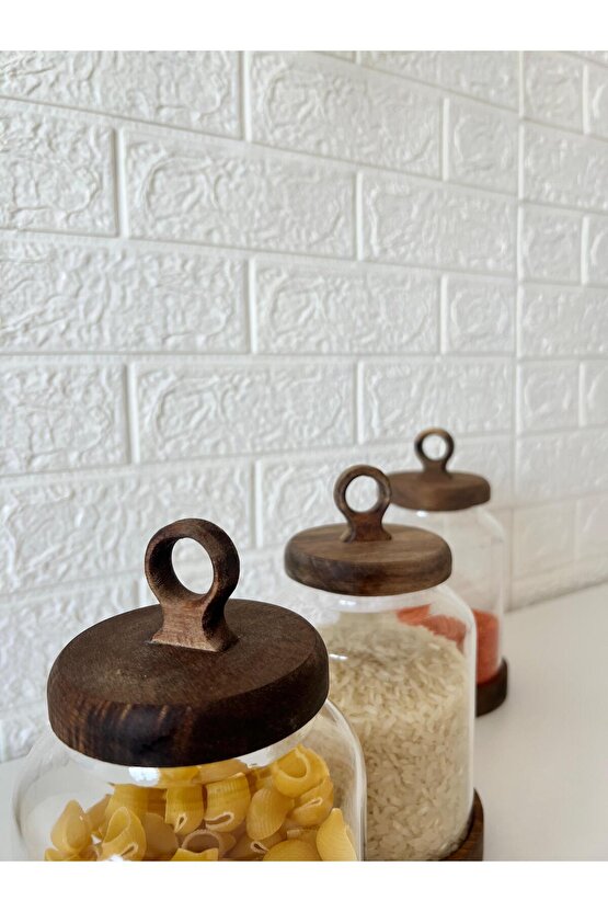Rustik Ahşap Kapaklı Cam Kavanoz Seti 3’lü – Makarna, Pirinç, Mercimek Saklama