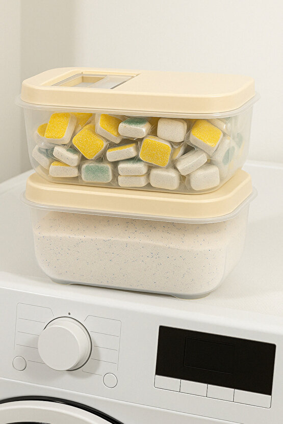 2li Set 7,5 Lt Mega Banyo Düzenleyici Kayar Kapaklı Etiketli Toz Tablet Deterjan Saklama Kutusu