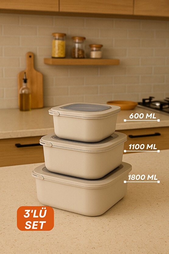 3lü Renkli Kilitli Kapaklı Saklama Kabı Difrize Mikrodalga ve Buzdolabı Uyumlu Düzenleyici Elegant