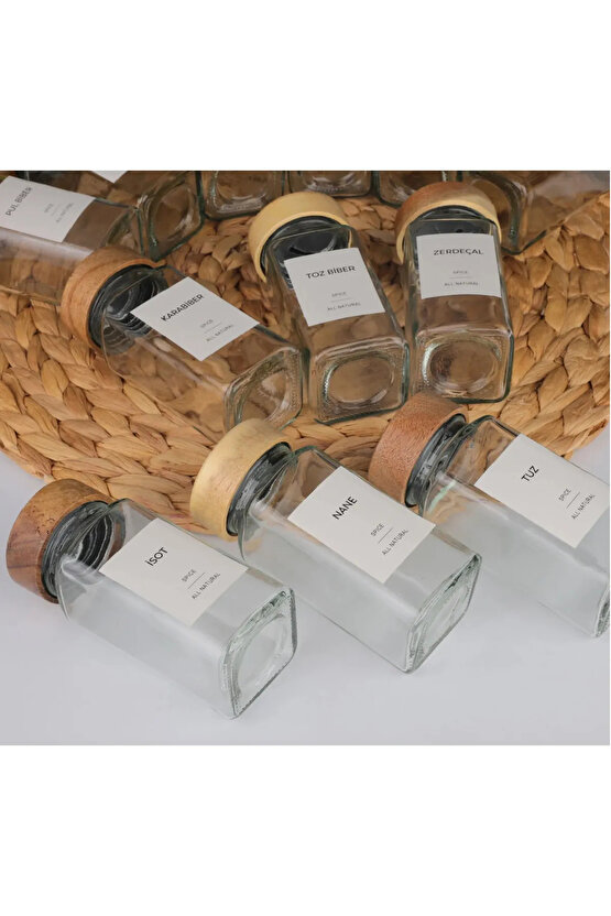 Akasya Kapaklı Kare Formlu 12’li Cam Baharatlık Seti 120 ml  16 Adet Etiket Hediye