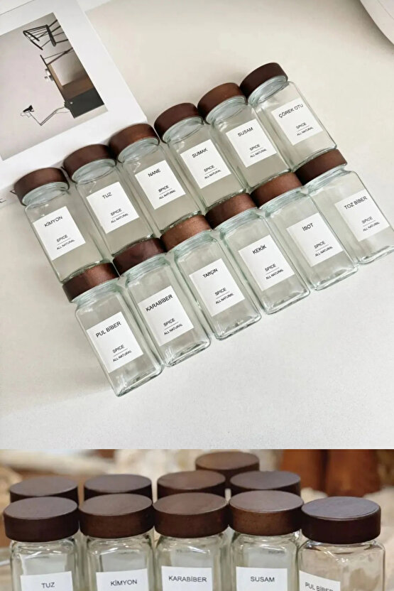 Akasya Kapaklı Kare Formlu 12’li Cam Baharatlık Seti 120 ml  16 Adet Etiket Hediye