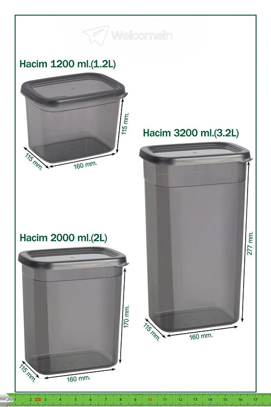 3 Adet 6 Parça 550 ml 1200 ml 1700 ml Sızdırmaz Kapak Etiketli Kare Erzak Bakliyat Saklama Kabı Seti