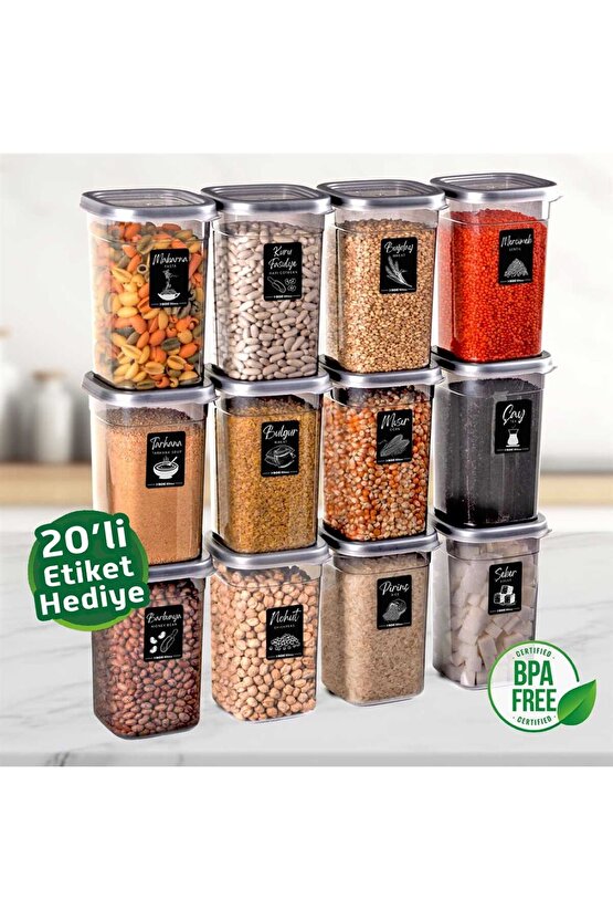 Saklama Bakliyat Erzak Kabı Kare 1200ml 12 Adet 24 Parça