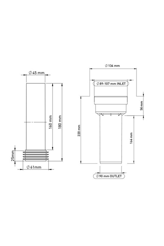 Gömme Rezervuar Pis Su Çıkış Borusu(90*220 Mm) + Temiz Su Giriş Borusu(45*180mm) Takımı