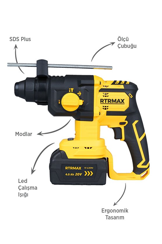 Rts5040 Şarjlı Sds Plus Kırıcı Ve Delici Kömürsüz 1.8jul 26mm 2x4 Ah 20v Çift Akü S-lion - Akü Dahil