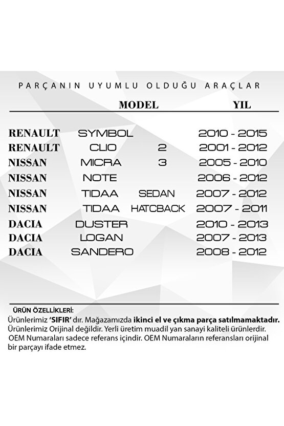 Renault Symbol,clio, Nissan Micra3, Dacia Duster Için Motor Yağ Çubuğu