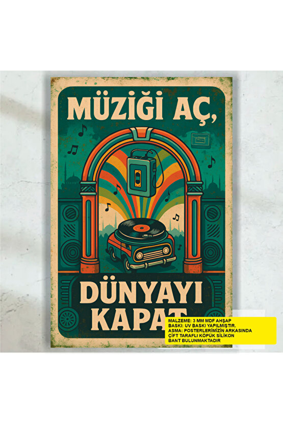 müziği aç dünyayı kapat müzik kurs eğitim evi stüdyo genç odası dekorasyon retro ahşap poster tablo