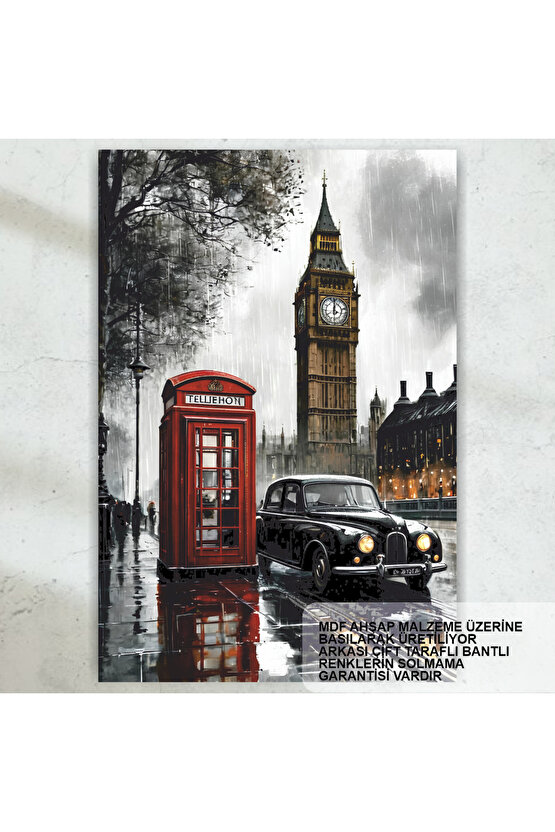 ingiltere londra saat kulesi telefon kulübesi gezi turistik retro ahşap poster tablo