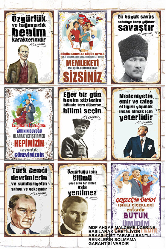 9 Parça Karışık Ahşap Tablo Seti  Mustafa Kemal Atatürk sözler duvar yazıları retro ahşap posterler