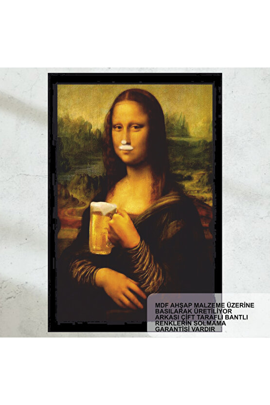köpüklü bira içen mona lisa tablosu eğlenceli komik retro ahşap poster