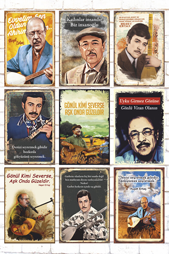 9 Parça Karışık Ahşap Tablo Seti halk müziği türkü neşet ertaş ozan retro ahşap posterleri