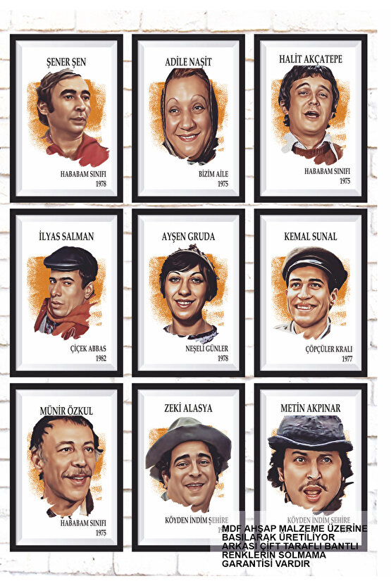 9 Parça Karışık Yazılı Ahşap Tablo Seti yeşilçam türk sinemasının komedyenleri serisi posterleri