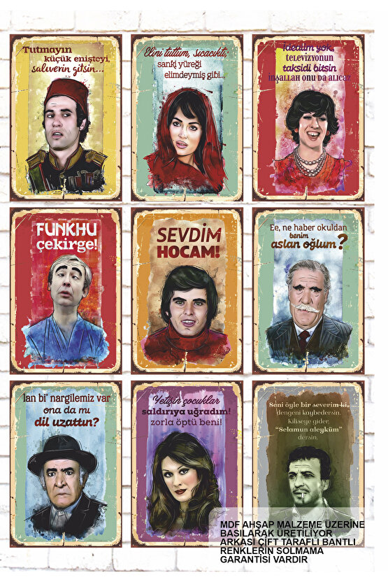 9 Parça Karışık Yazılı Ahşap Tablo Seti yeşilçam türk sineması sahneler replikler oyuncular poster