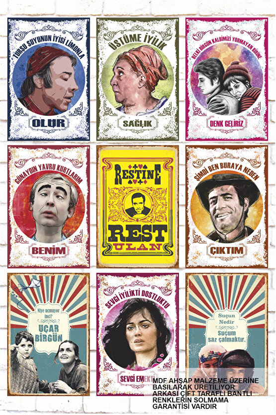 9 Parça Karışık Yazılı Ahşap Tablo Seti yeşilçam türk sineması filmleri ustaları posterleri