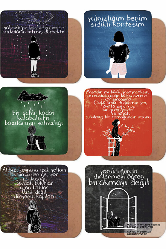 yalnızlık sakinlik motivasyon sözleri estetik dekor ev mutfak kafe 6lı ahşap bardak altlığı seti