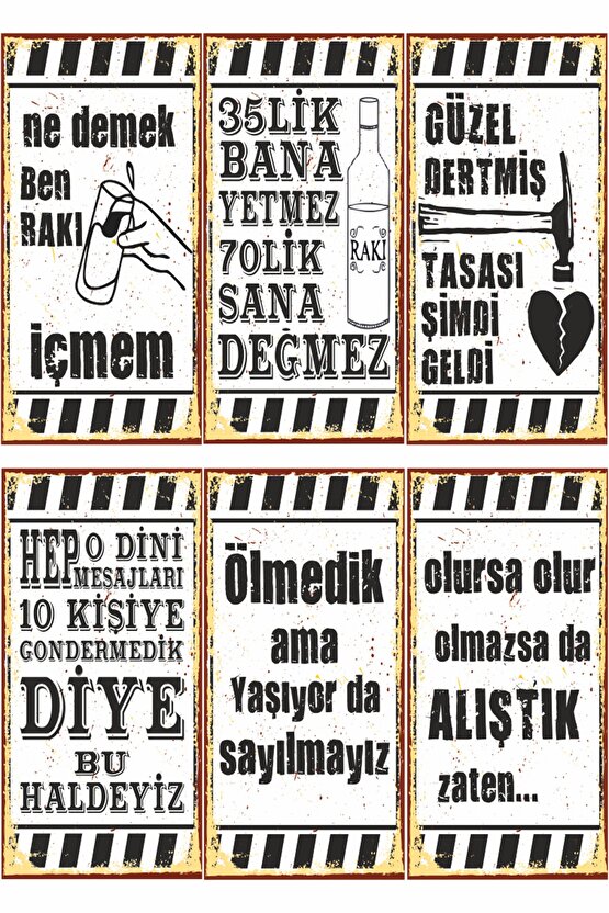 Yaşıyor Sayılmayız Eğlenceli Komik Atarlı Duvar Yazıları 6lı Mini Retro Ahşap Poster Seti