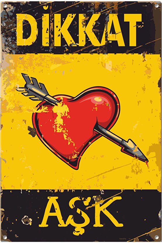 Dikkat Aşk Uyarı Levhası Retro Ahşap Poster
