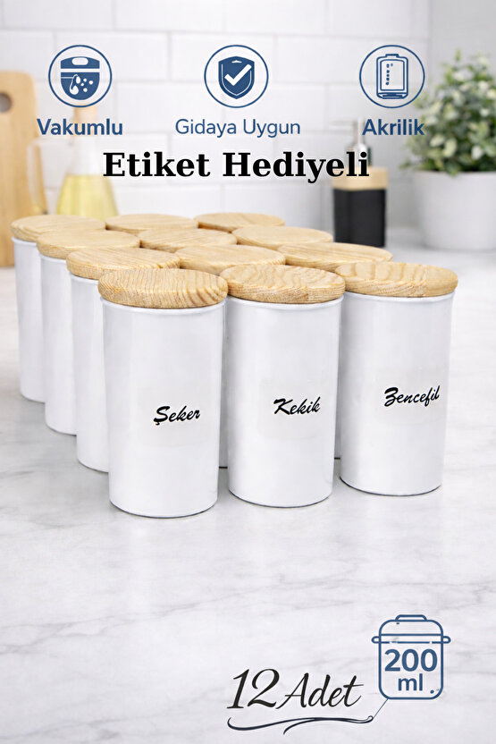 12li 200 ml Vakumlu Ahşap Kapaklı Porselen Görünümlü Akrilik Baharatlık Etiket Hediyeli