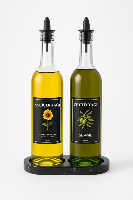 Mermer Desenli Stantlı Silikon Kapaklı 2li Yağ Şişesi 750 ml Zeytinyağ Sıvıyağ Şişesi Cam Yağdanlık