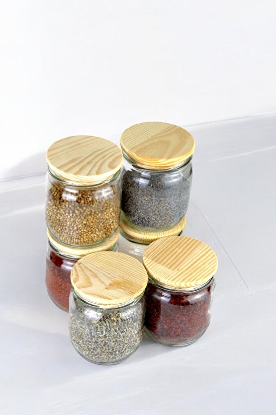 6lı Orta Boy Ahşap Vakum Kapaklı Çizgili Cam Saklama Kavanozu Baharat Seti (Etiket Hediyeli)