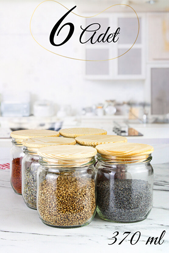 6lı Orta Boy Ahşap Vakum Kapaklı Çizgili Cam Saklama Kavanozu Baharat Seti (Etiket Hediyeli)