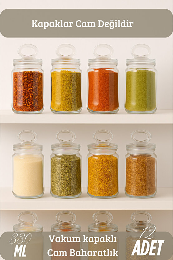 12 Adet Vakumlu Halka Kapak Cam Baharat Takımı (ETİKET HEDİYELİ)