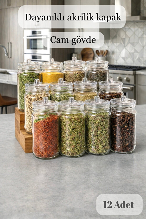 Etiketli 12 Adet Kapağı Kulplu Ve Vakumlu Baharat Takımı