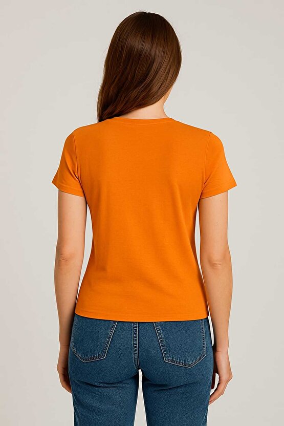 Kadın Bisiklet Yaka Likralı Kısa Kol T-Shirt Turuncu (portakal) Cam Göbeği (turkuaz)